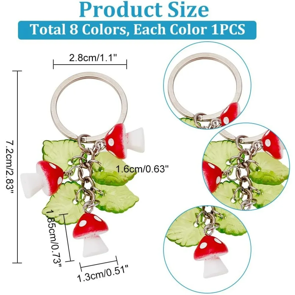 8pcs Resin Mushroom Keychain 3D Pendant Charms Keyrings 8 Colors Plastic Transparent Leaf Plants Hanging Pendants Lanyard for