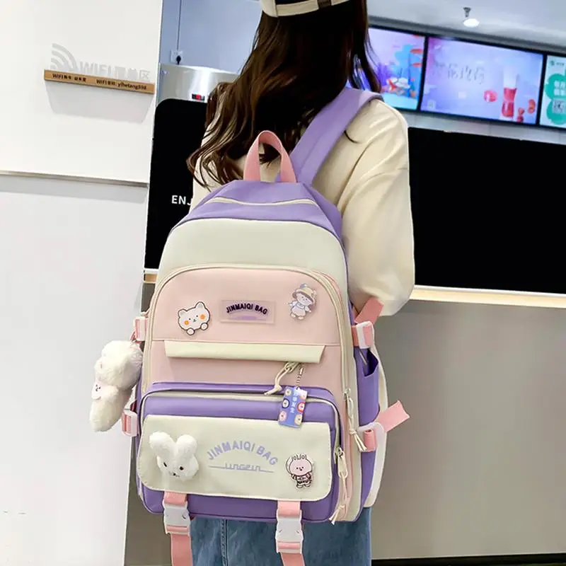 Kit de mochila escolar Kawaii con oso colgante, juego de mochila escolar de lona Oxford, 5 uds.