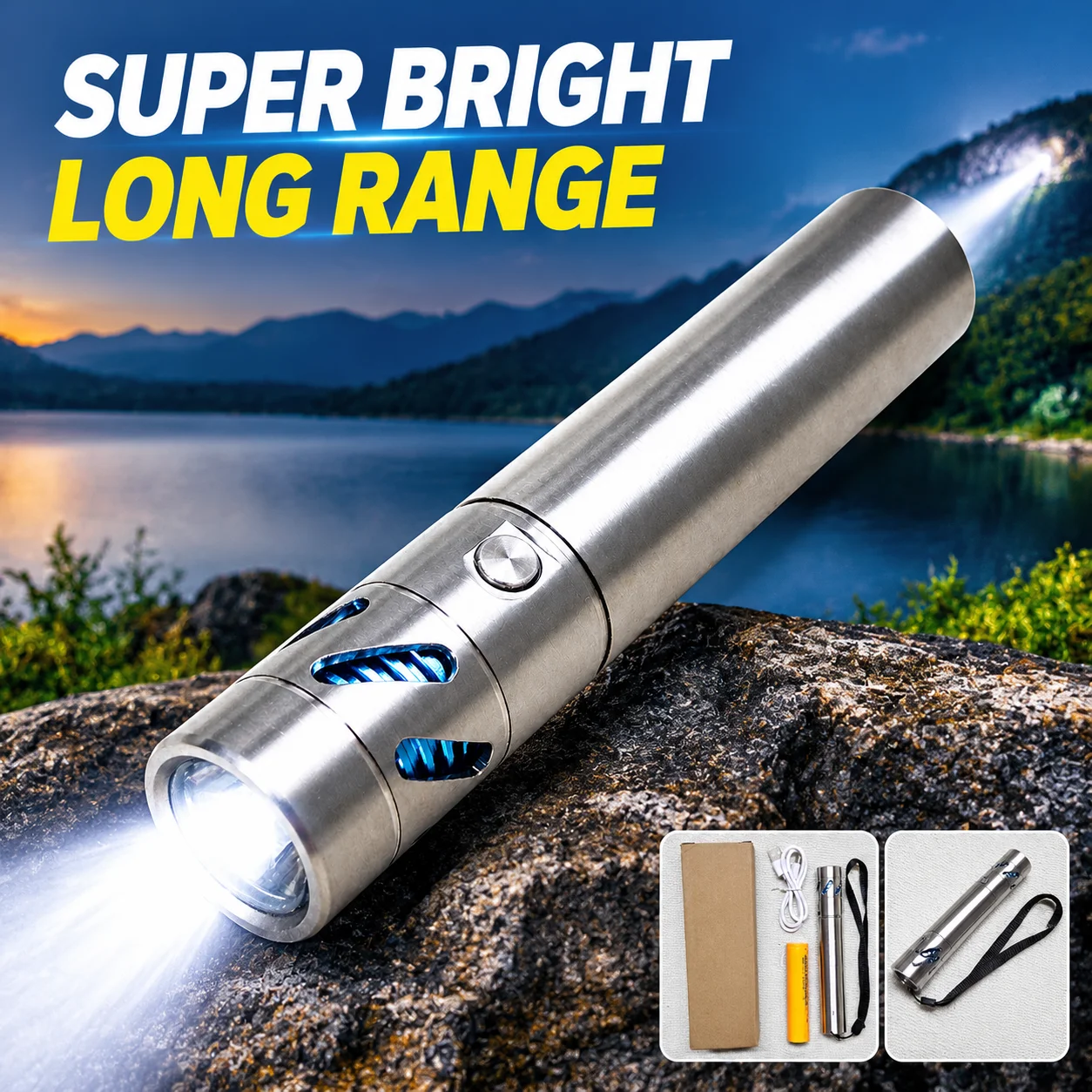 Stainless Steel LED Flashlight Rechargeable White Laser Fixed Focus Long Range Super Bright High Power Torch for Outdoor Camping