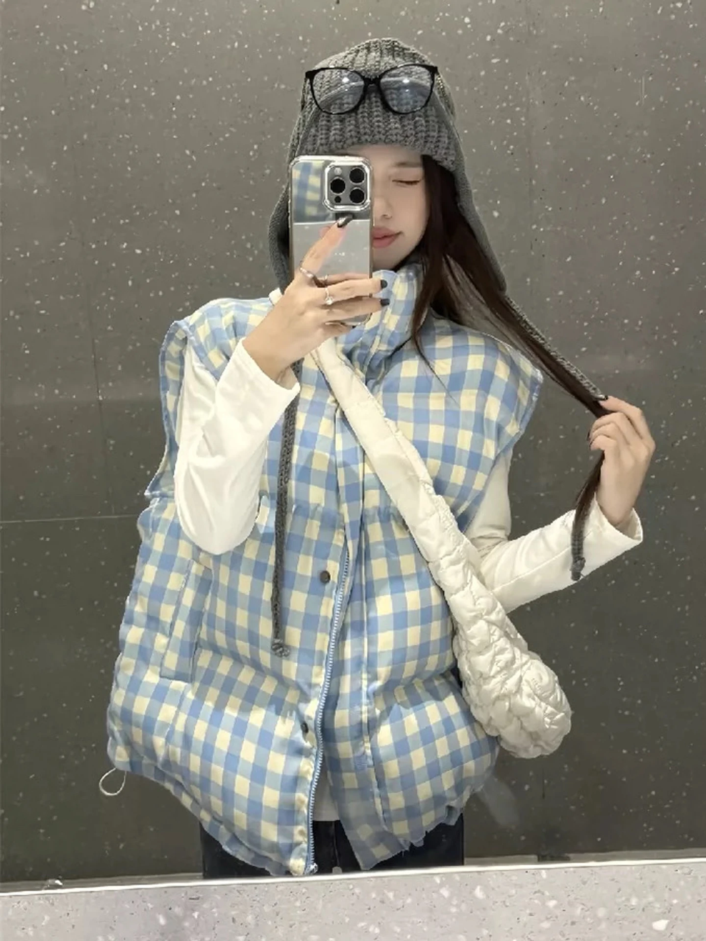 Thickened Winter Outerwear Women's Vest Blue And White Plaid Large Size Jacket Zipper Closure Warm Commuter Style Casual Wear