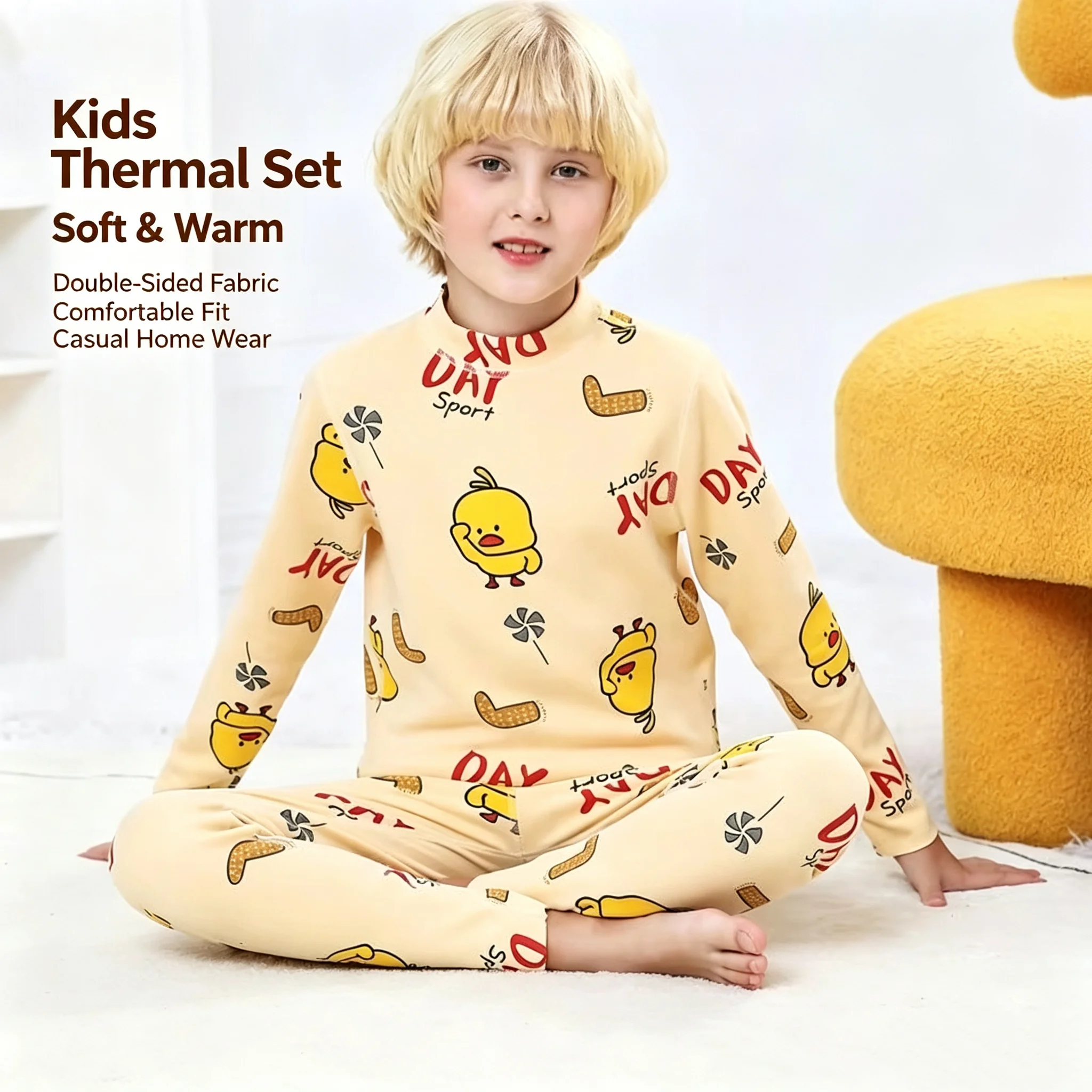 For 3-14 Years Kids Thermal Underwear Printed Center Collar Set Double-Sided Fleece Top Pants Boys Girls Autumn Winter Homewear