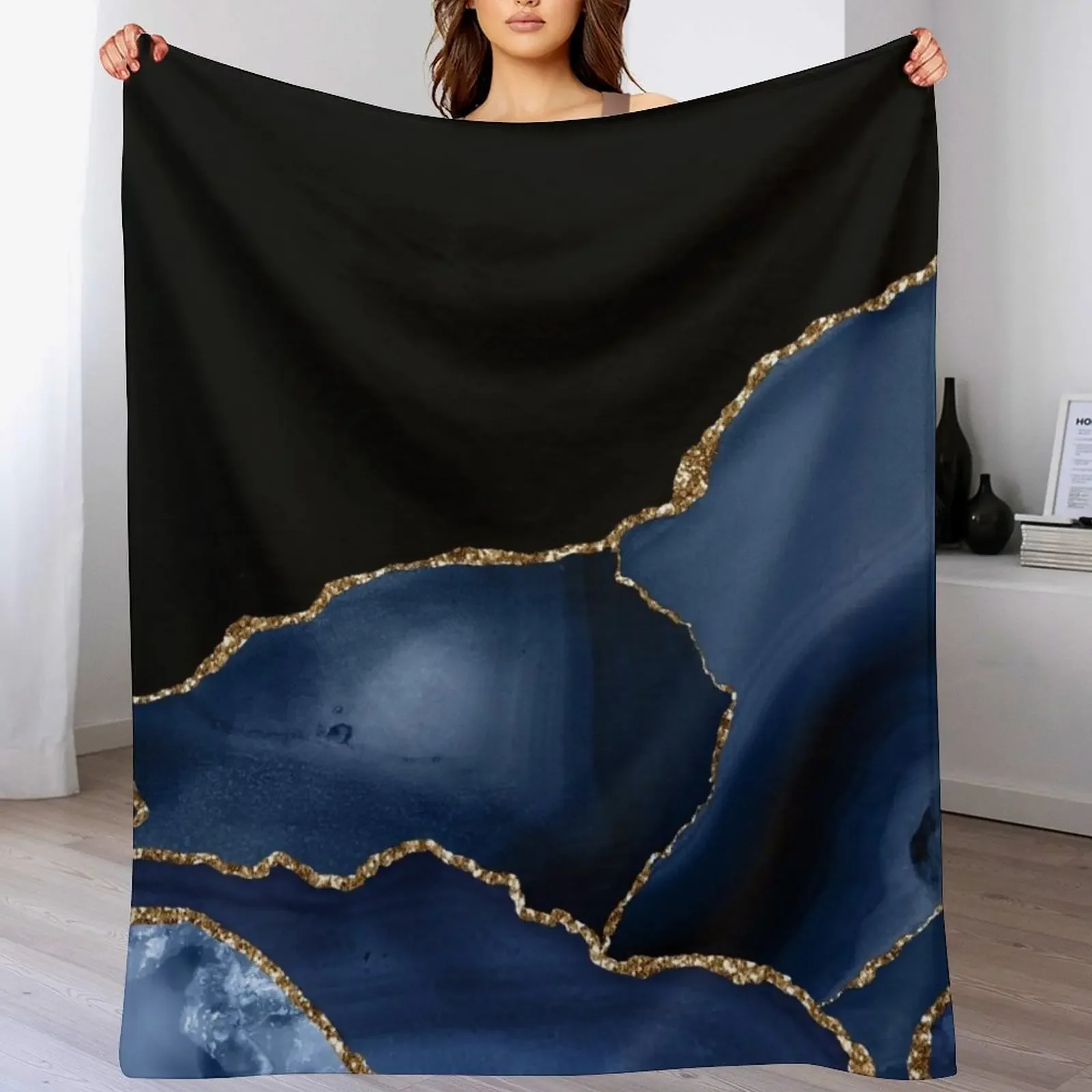 Navy & Gold Agate Texture 03 Throw Blanket Nap Blankets For Bed Blankets Sofas Of Decoration Weighted Blankets