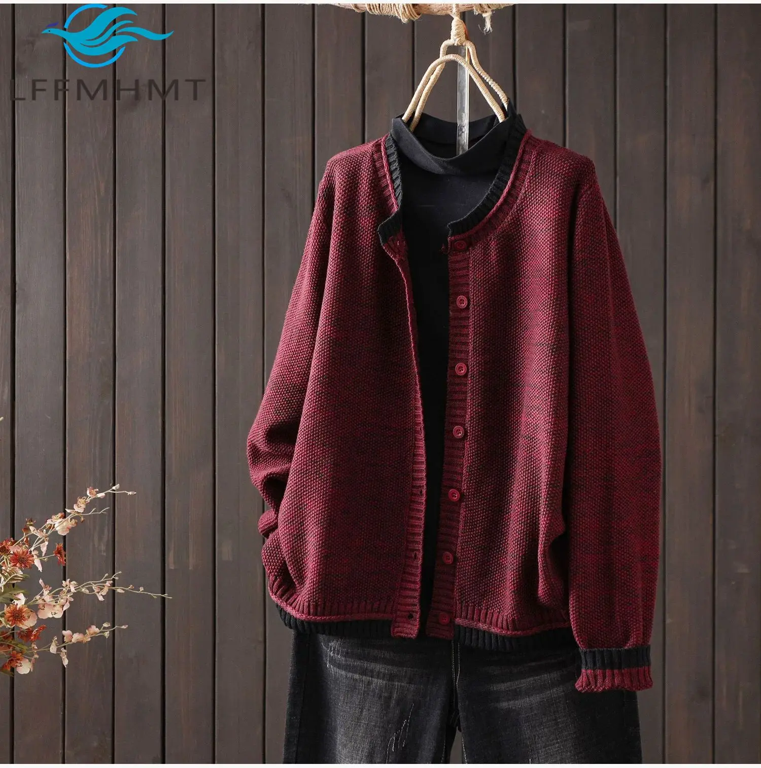 Women Fall Colorblock Knit Cardigan Round Neck Single-Breasted Loose Long Sleeve Artistic Casual Contrast Sweater Tops