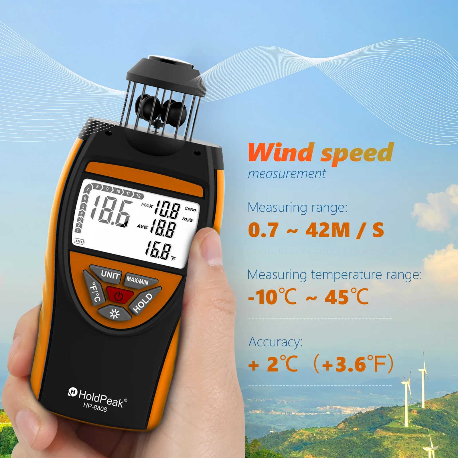 HoldPeak HP-8806 Handheld Wind Cup Anemometer 2.5～150 KM/h AVG 6 Unit Adjustable with Temperature Measurement Backlight Display