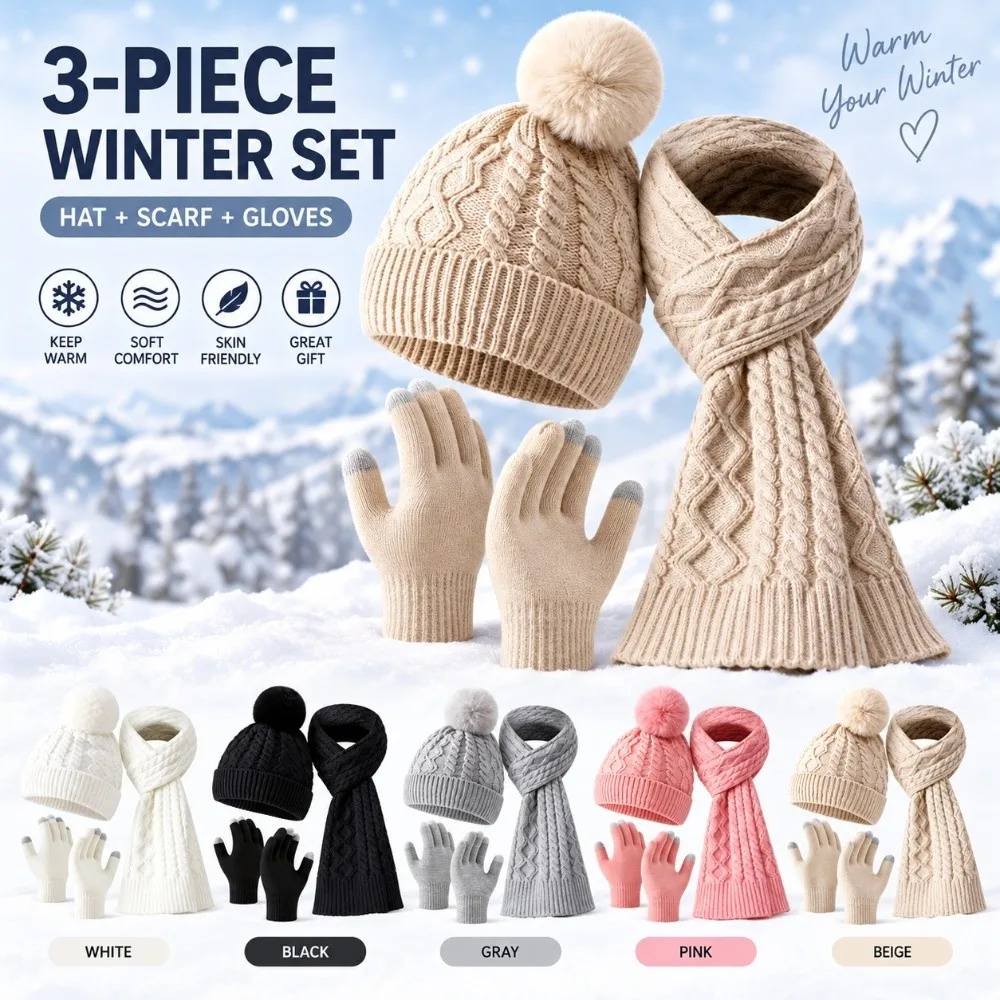 3Pcs/Set Warm Winter Hat Scarf Gloves Set Knitted Windproof Scarf Neck Warmer Suit Thicken Touchscreen Touchscreen Gloves