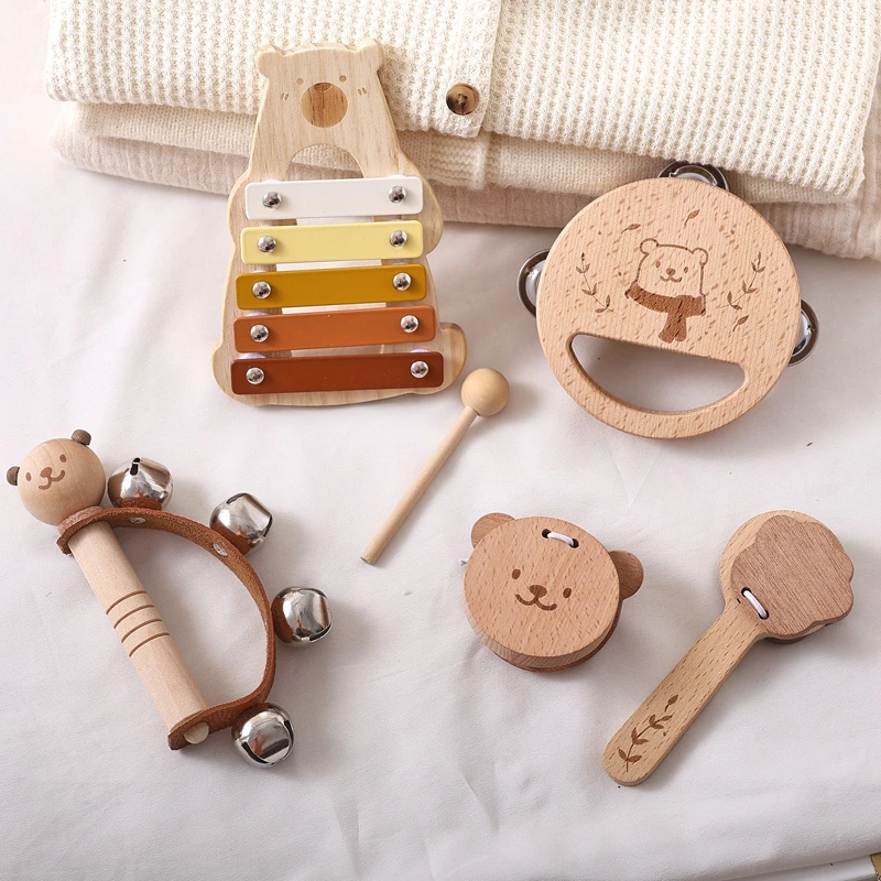 Kids Musical Instrument Toys Montessori Baby Wooden Cartoon Bear Percussion Toy Game Interactive Music Educational Toy Baby Gift