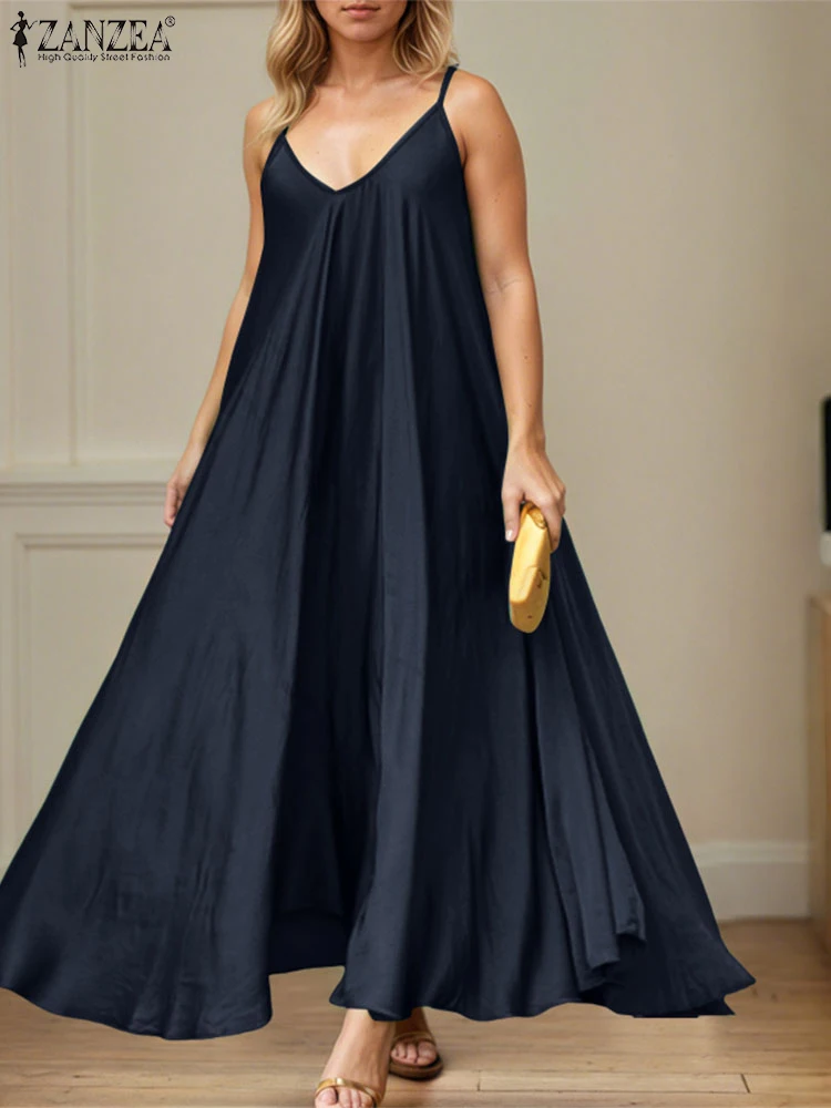 2025 zanzea moda verão longo vestido de verão feminino cinta de espaguete vestidos sexy decote em v tanques robe uma linha solta férias praia vestido