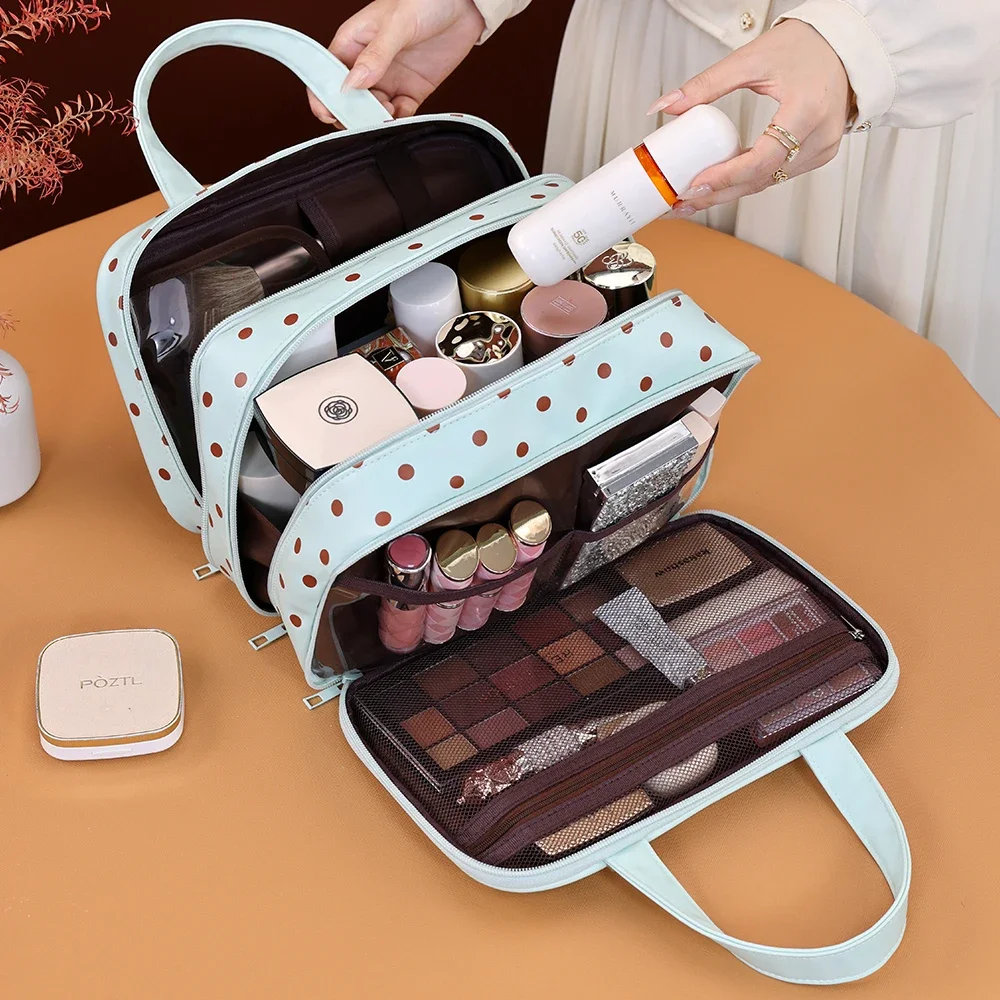 Gepunktete Kosmetiktasche mit großer Kapazität, wasserdichter PU-Reise-Toilettentaschen-Organizer, dreilagige Trennwand, Reise-Aufbewahrungstasche – Detail 11