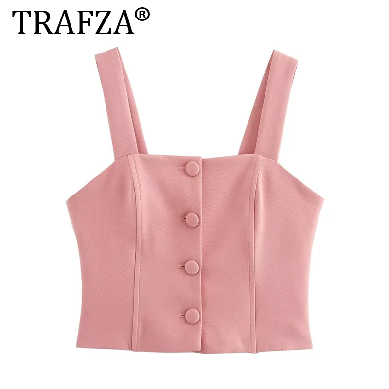 TRAFZA 2024 Woman\'s Skirt Set Pink Solid Square Collar Sleeveless Cropped Tops+High Waist Shorts Summer Suits Woman Trendy Traf