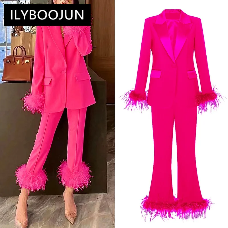 

2024 Spring And Autumn New European And American Internet Celebrity Ostrich Feather Suit Temperament Dress Women's Pants Set