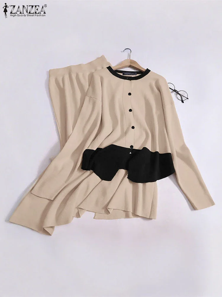 

2025 ZANZEA Элегантные трикотажные комплекты платьев для женщин Осенние цветные лоскутные рубашки с длинными рукавами и макси-юбки Повседневная мода Свободные 2 шт.