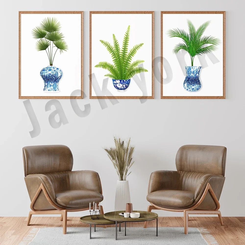 Botanical blue chinoiserie vase poster, tropical fern, nature art, chinoiserie potted fern art, living room floral wall decor