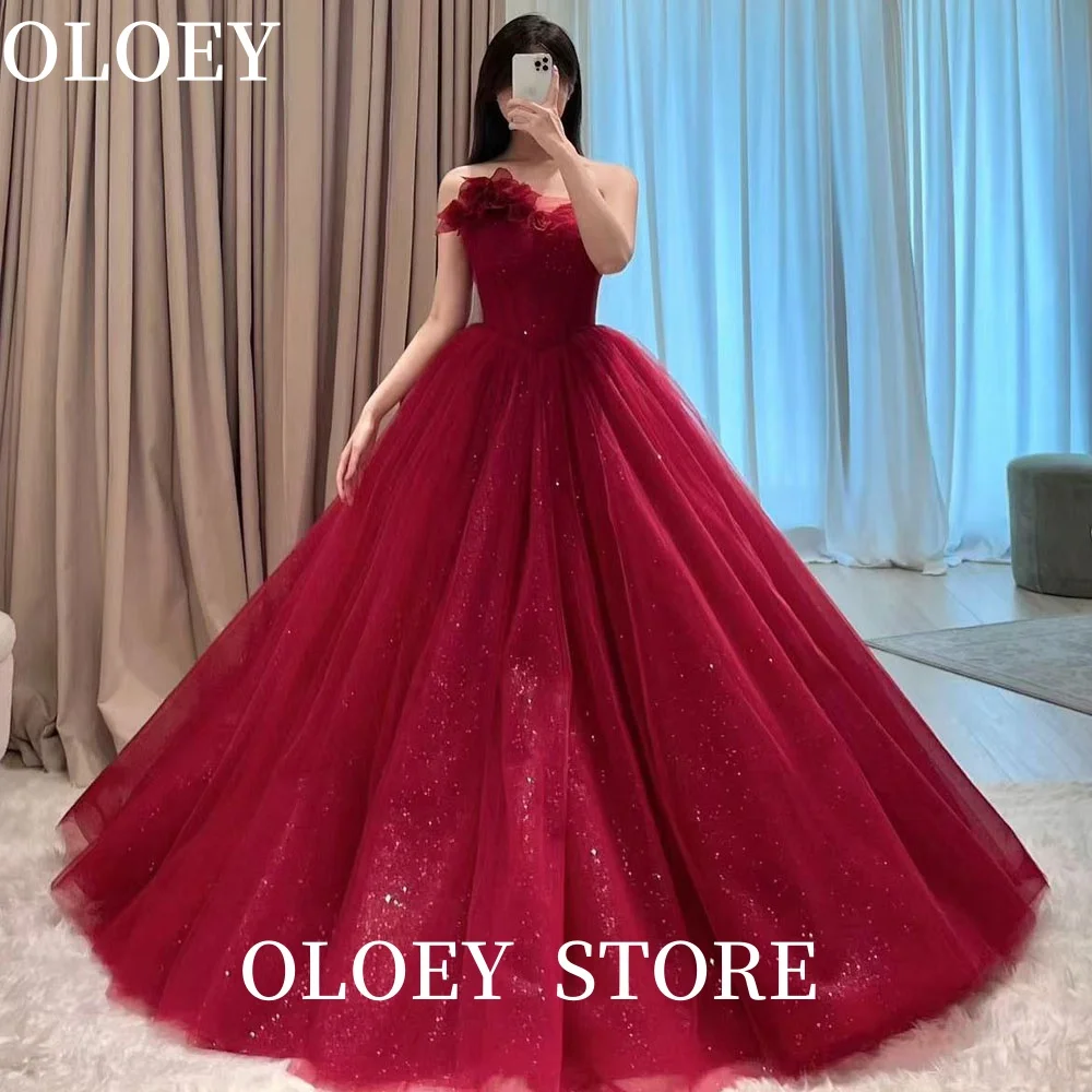 OLOEY Glitter Dark Red Tulle Evening Party Dresses Korea Wedding Photo shoot Tulle Puff Princess Formal Prom Gowns Customized