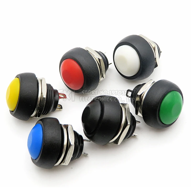 6 sztuk Mini 12mm wodoodporny chwilowy przycisk włączania/wyłączania okrągły przełącznik PBS-33B zestaw biały czarny czerwony żółty niebieski zielony