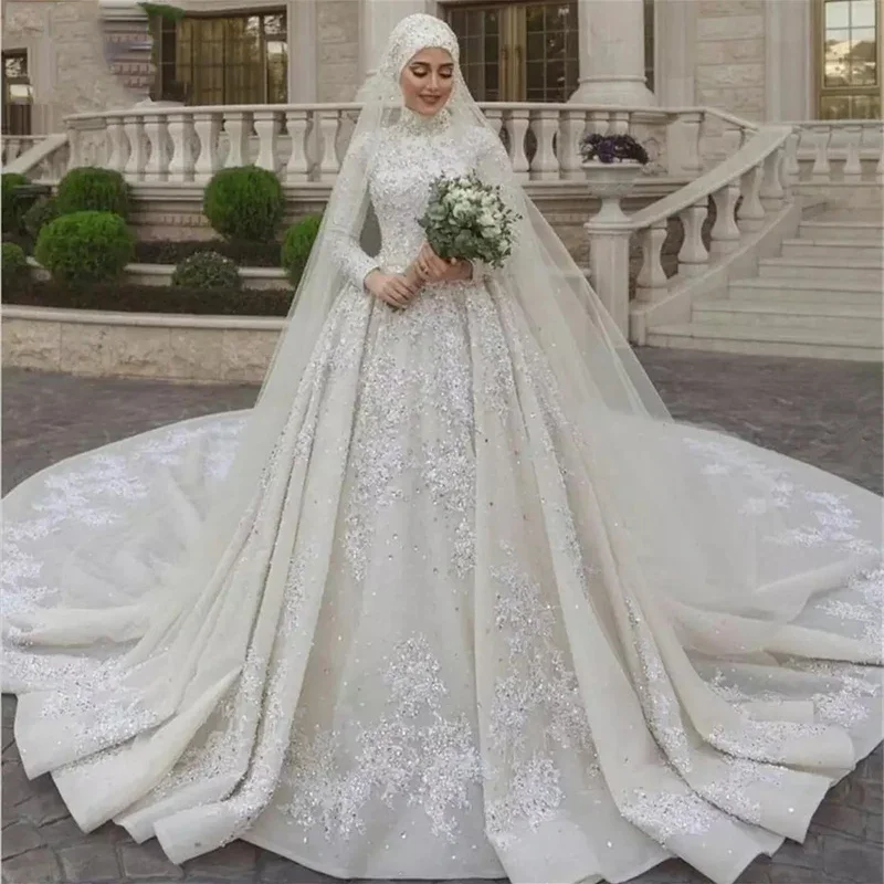 

Customized Wonderful Muslim Long Sleeves High Neck Bridal Gown 2023 Cathedral Train Sparkle Appliques Sequin Crystals Robe De Ma