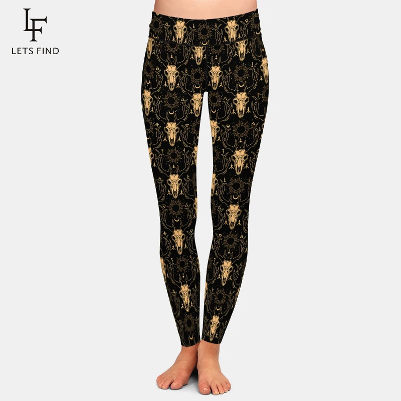 

LETSFIND Womens for Leggings Slim Stretch Trouser Golden Deer Skull Print Leggings Fashion High Waist Casual Milk Silk Leggings