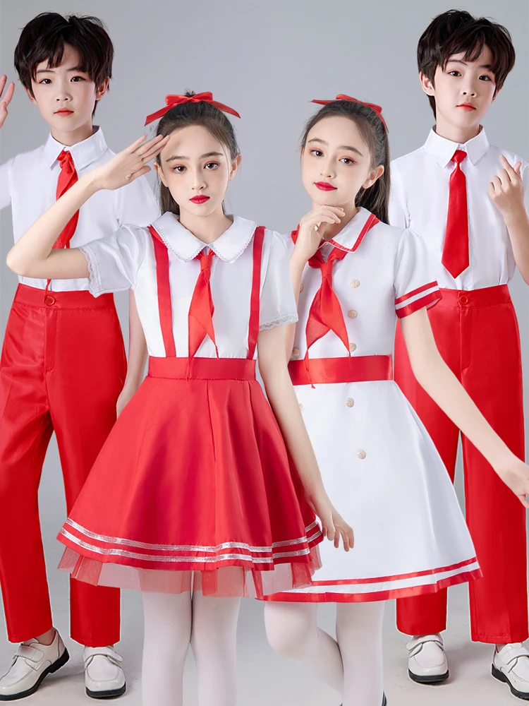 

Red Performance Costume National Chorus Children's Day Poem Recitation Outfit Girls' Traditional Stage Clothing Polyester
