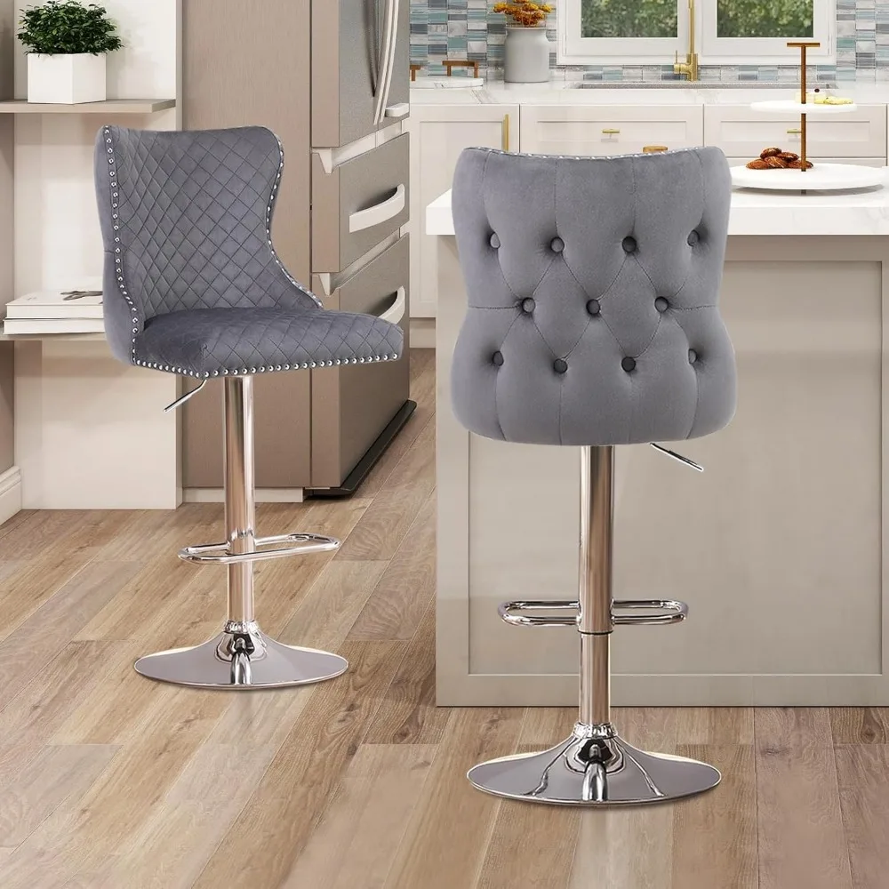 Modern Barstools Set of 2, Adjustable Velvet Upholstered Swivel Bar Stools, Counter Height Bar Chairs with Back for Kitchen Isla