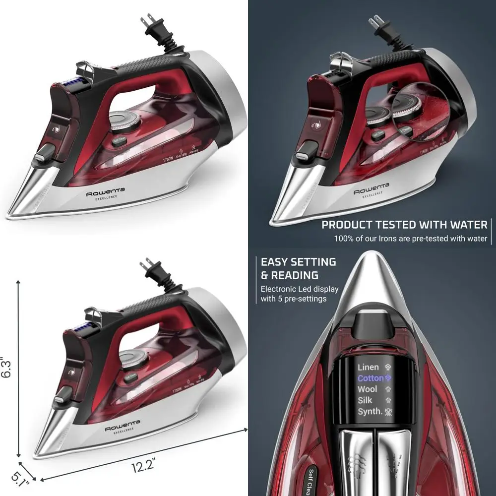 

Мощный паровой утюг 1750 Вт с выдвижным шнуром, 400 микропаровых отверстий, LED-дисплей, красный