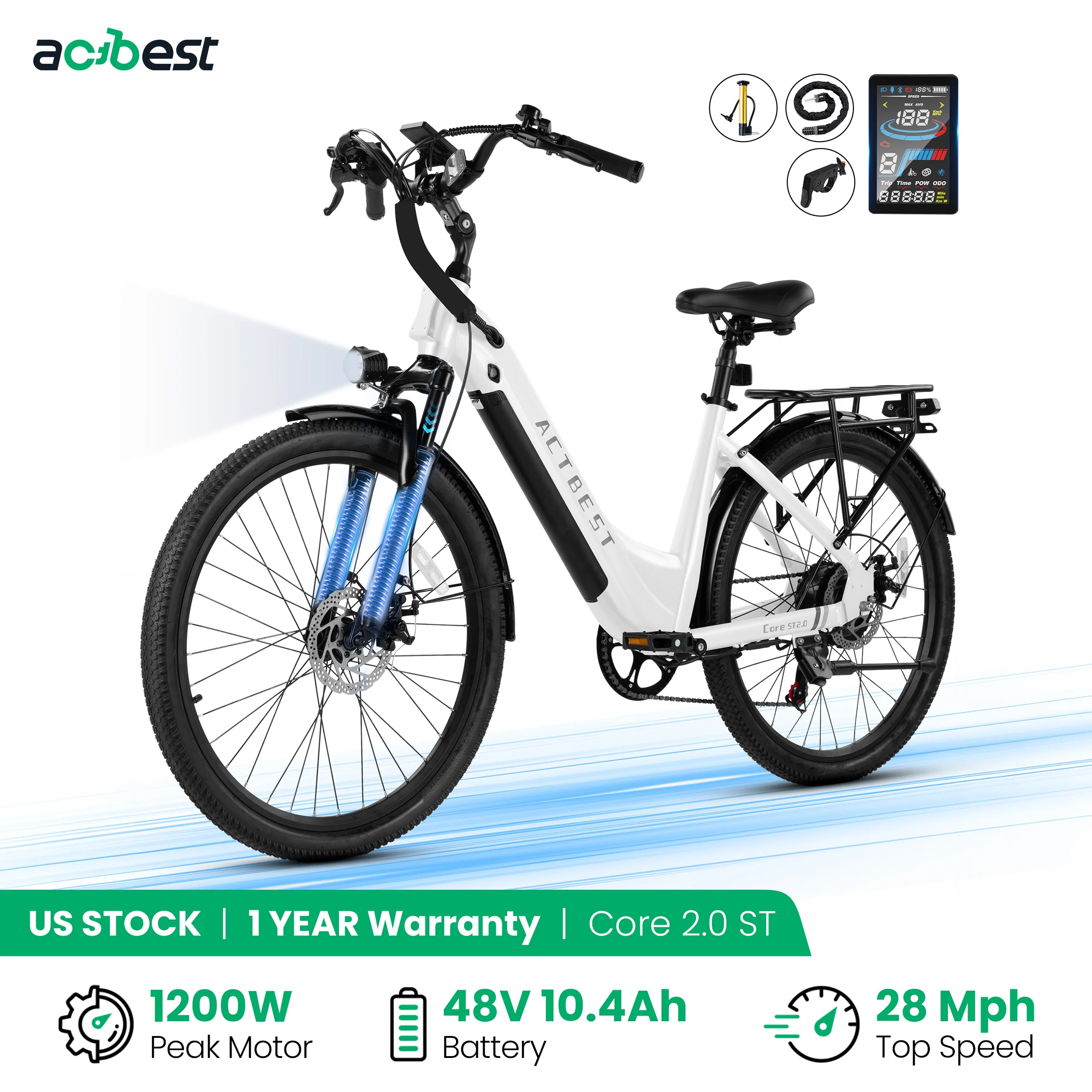 

ActBest Core 2.0 ST 26" Electric Bike for Adults, 1200W Peak Motor 48V 10.4Ah Battery, 28MPH 55 Miles, 7-Speed Electric Bicycle with Front Suspension, with Free Bike Lock