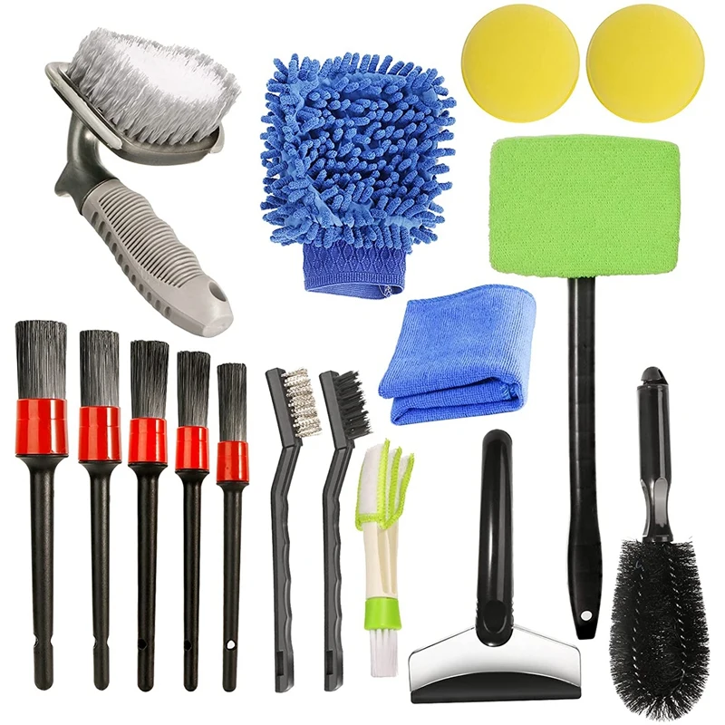 16Pcs Car Care Brush Kit Detailing Brushes Wheel Tire Brush Ice Shove Gloves Dirt Dust Clean Car Wash Cleaning Tools Set