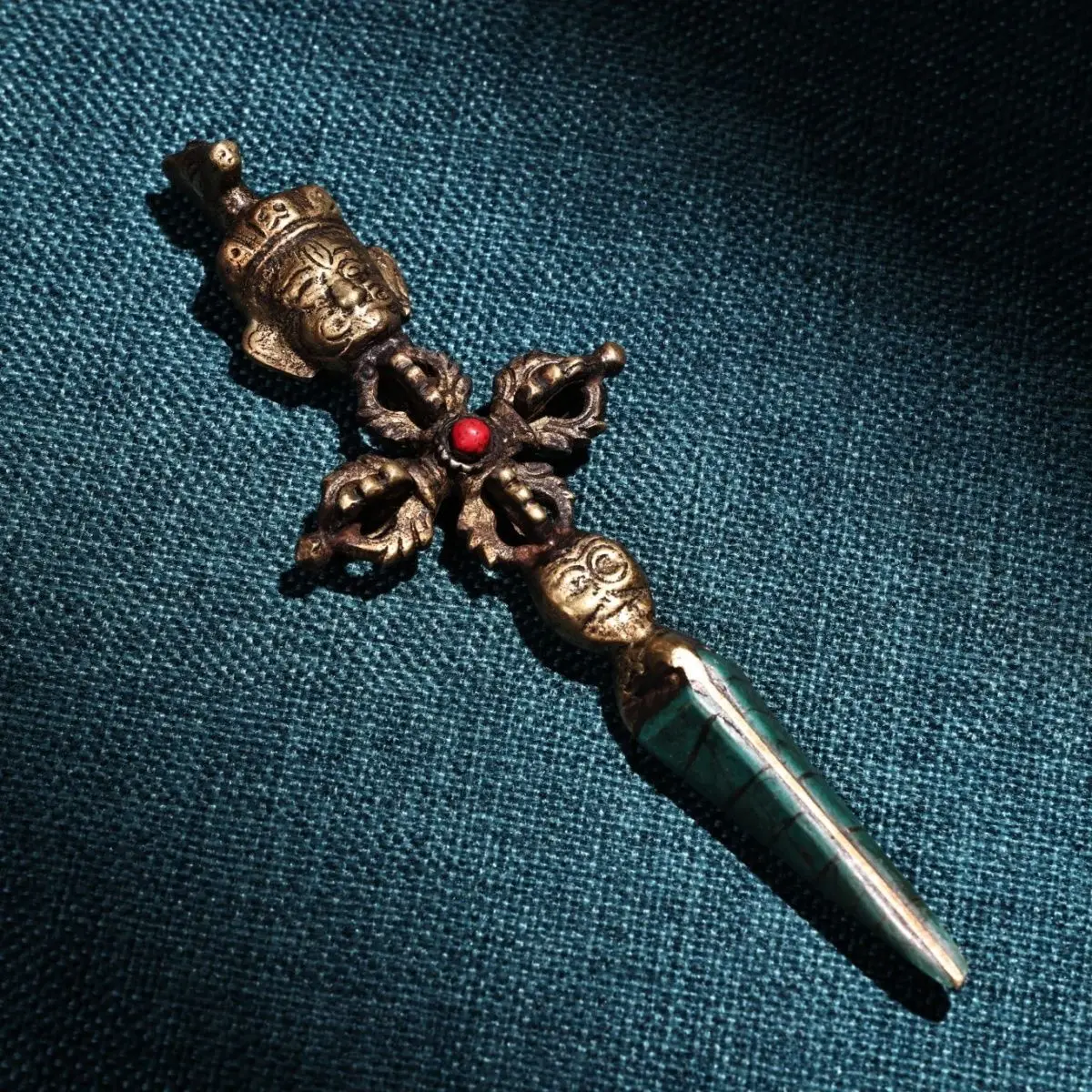 Antique Xizang Tantra Dharma Artifact Pure Copper Inlaid with Five Strands of Vajra Pestle, Demonic Pestle, Skull Vajra Axe