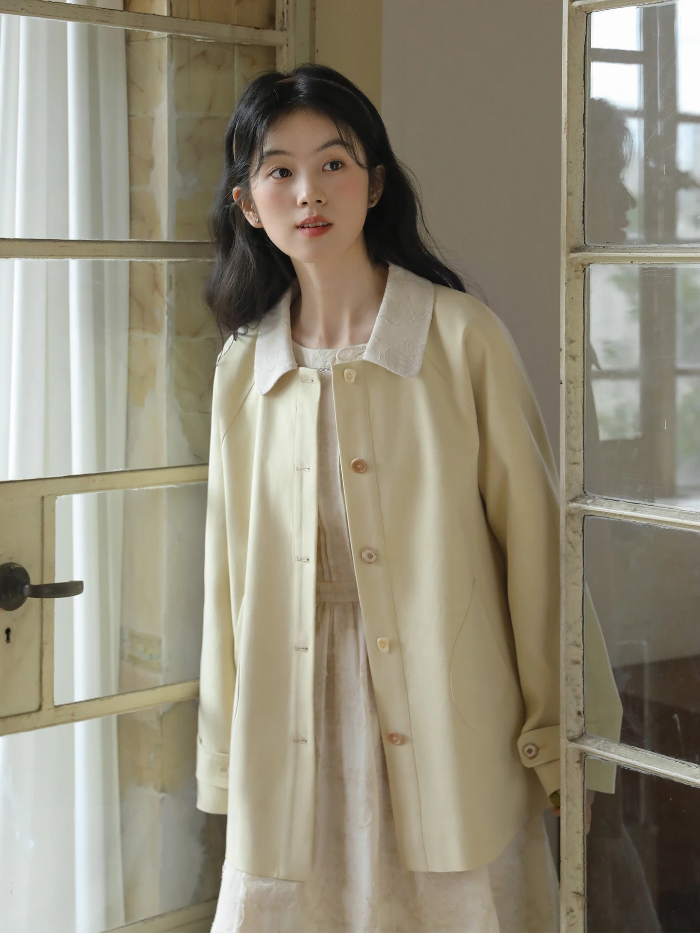 

Nesoulum Women's Tweed Cotton Blend Long Coat Spring Autumn Loose Fit Turn-down Collar Color Blo Sle Chinese Retro Faion