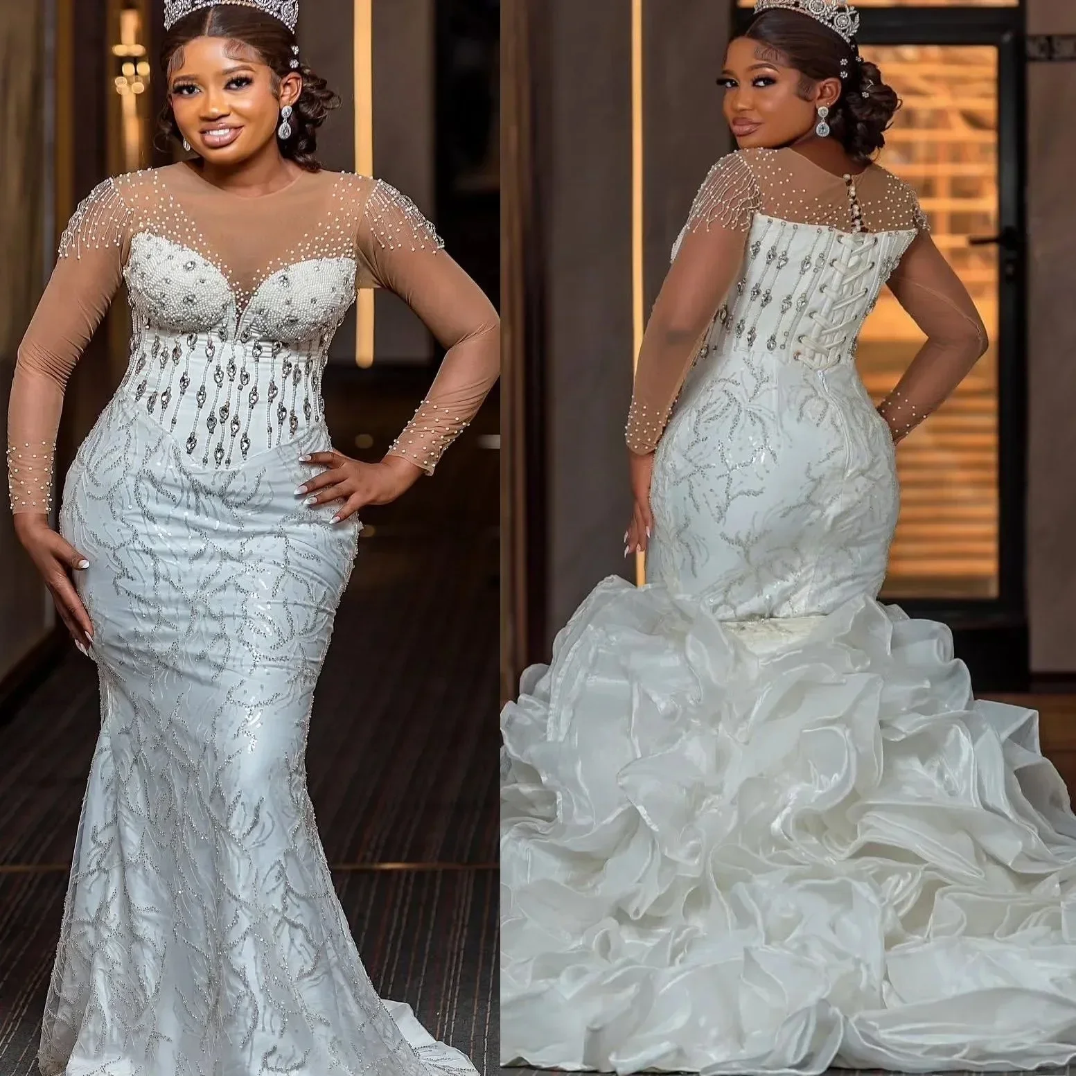 

Индивидуальные свадебные платья больших размеров в арабском стиле, цвета слоновой кости, с кружевом, бисером, кристаллами, с отстегивающимся шлейфом, длинными рукавами