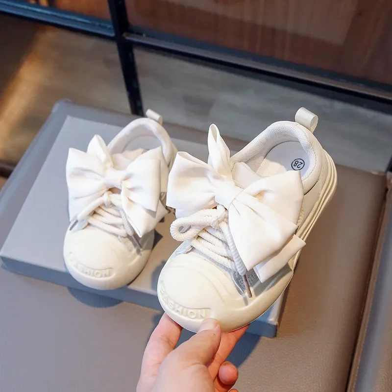 2023 Autumn Children Shoes Girls Princess Shoe Big Bowtie Kid Sneakers Woven Hook Loop Casual Sport Lace Up Trainers Pink 26-36