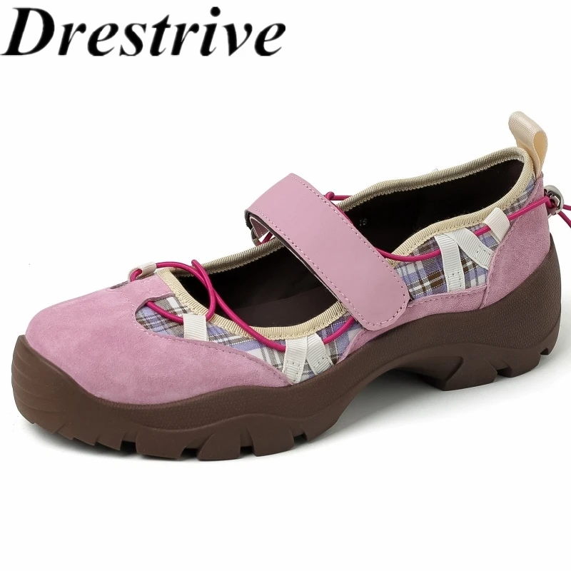 

Drestrive 2025 Fashion Loafers Cow Suede Top Quality Thick Heels Round Toe Mary Janes Patchwork Big Size Casual Shoes
