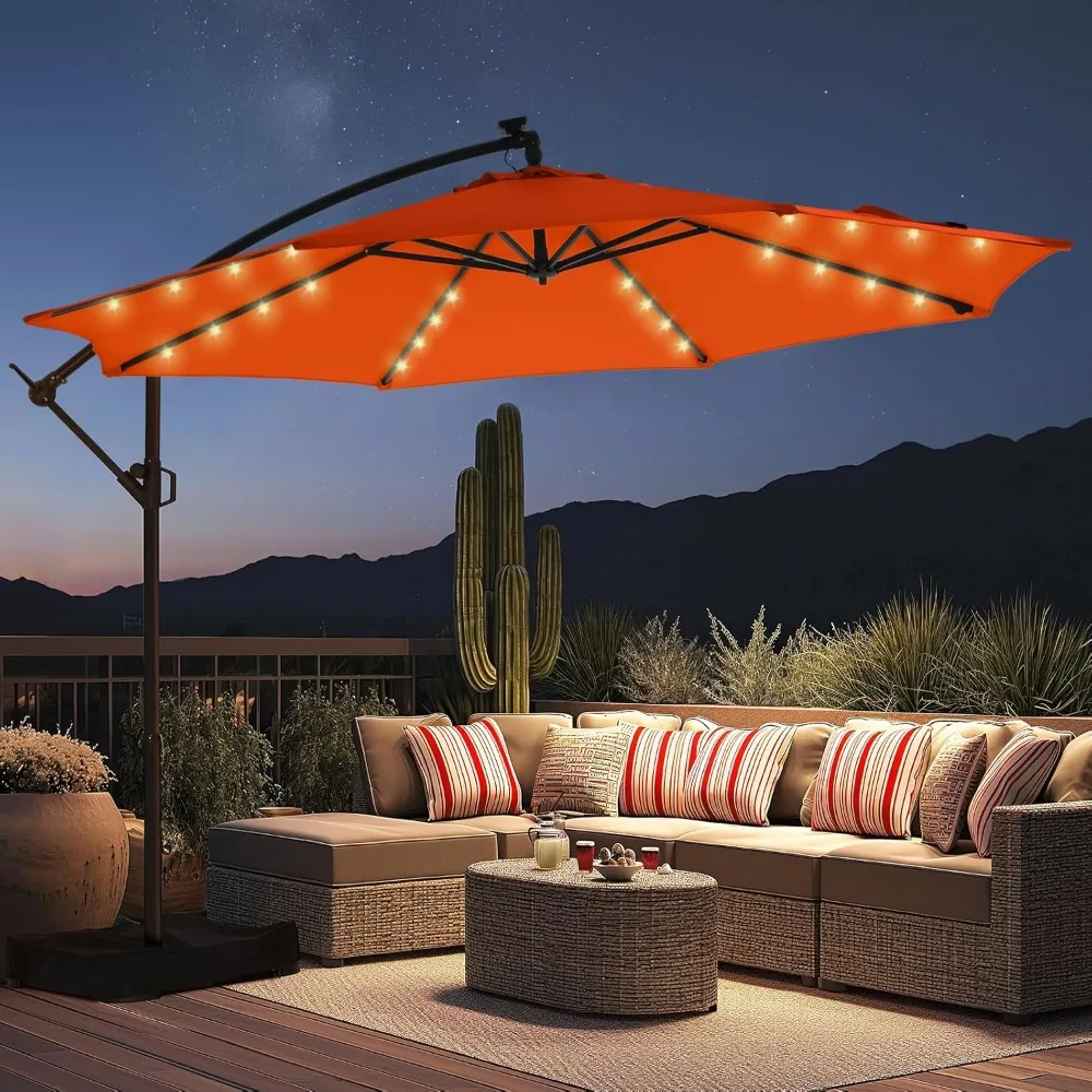 

10ft Solar Lights Offset Cantilever Patio Umbrella - with Light and Base, LED Lighted Offset Hanging Patio Outdoor Mark Umbrella