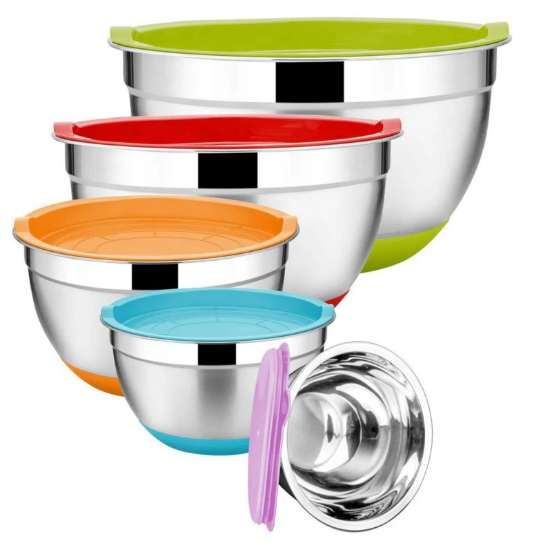 5Pcs Stainless Steel Mixing Bowls 18-26Cm Diameter Metal Nesting Bowls With Colorful Airtight Lids Non-Slip Bottoms