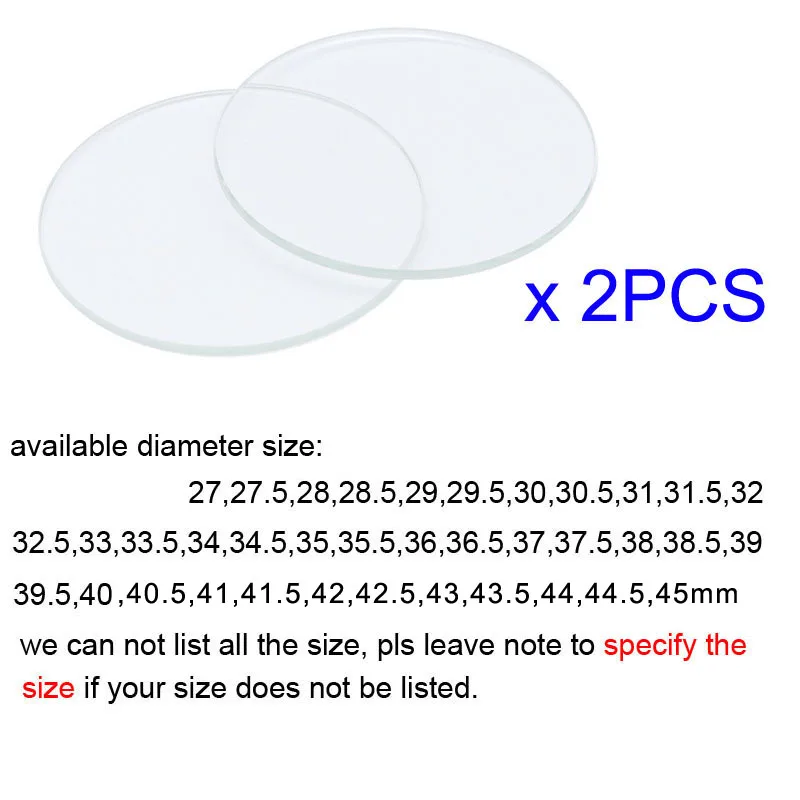 Flat 3.0mm Thick Watch Glass Replacement Diameters 27mm - 45mm Round Transparent Watch Crystal Lens Mirror 2 Pieces