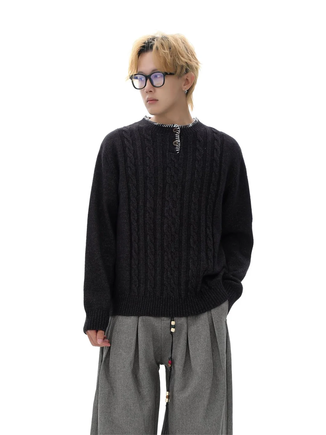 

American Retro Sle Henry Collar Sweater Loose Casual Autumn Winter Couple's Lazy Sle Overhead Knittedwear
