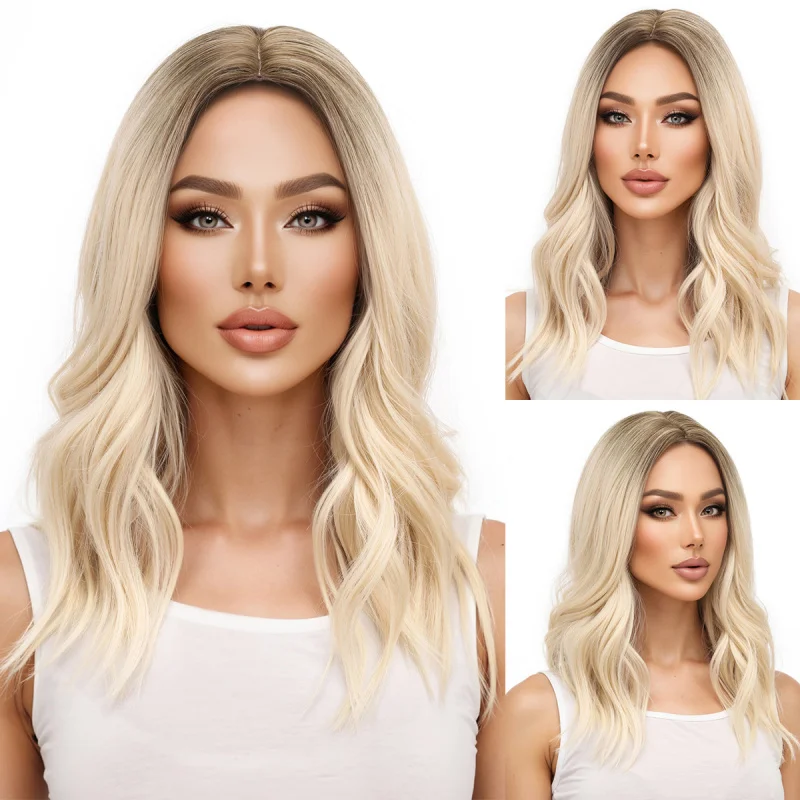 Platinum middle-parted wavy wig for women, long curly synthetic hair full headpiece coswig
