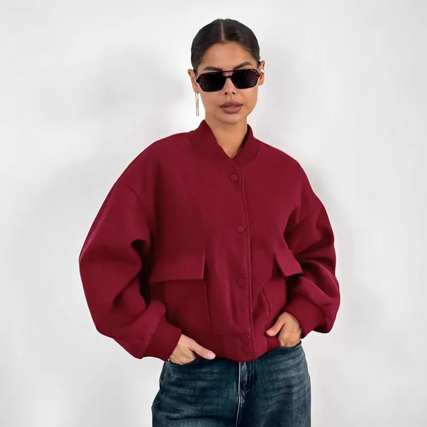 다용도 여성 가을 울 재킷 단색 스탠드 칼라 스냅 버튼 여성 아우터 인스타그램 스타일 시크 코트