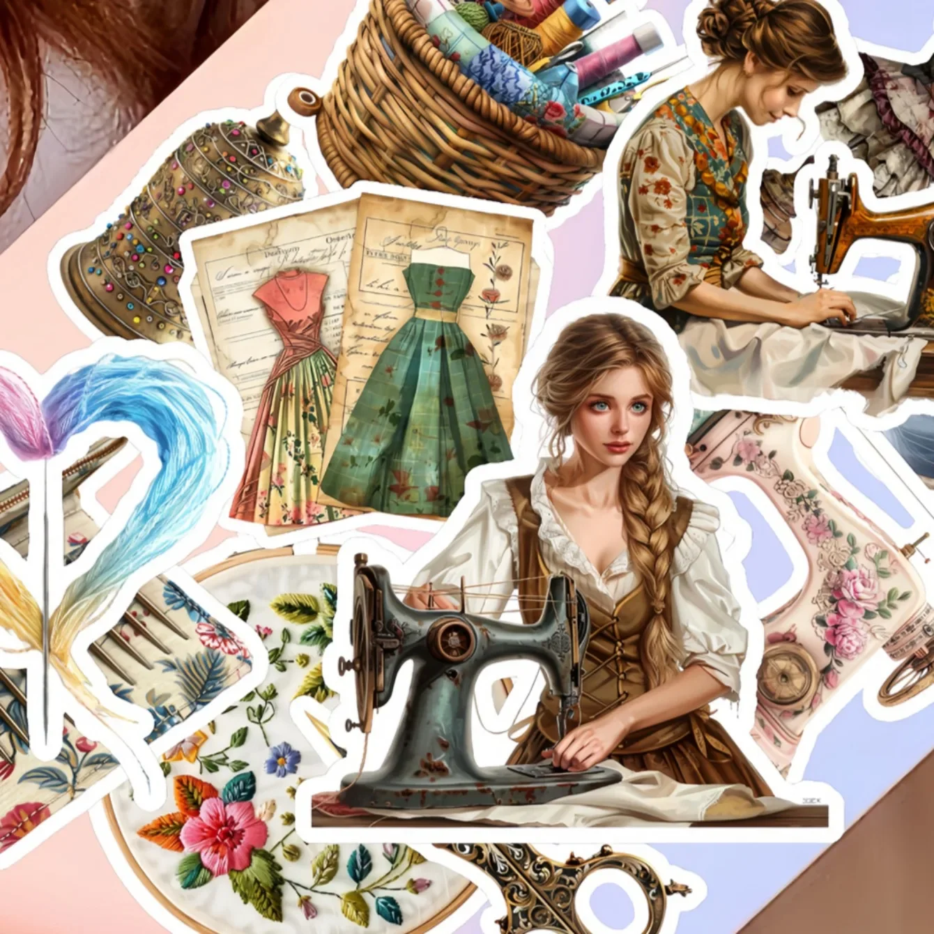 17PCS DIY Scrapbooking Hand-painted Stickers Retro Tailor Girl Album Daily Happy Planner Label  Cute Stationery