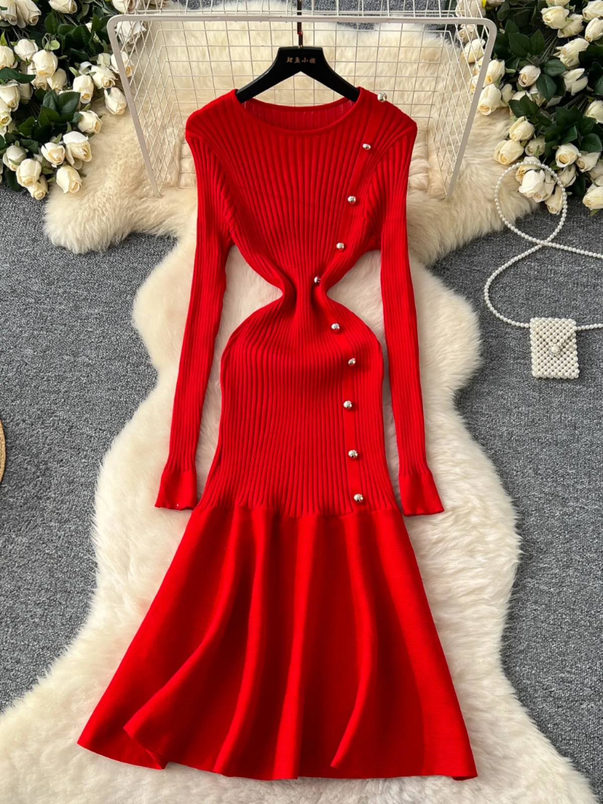 Gagaok Round Neck Bodycon Dress Metal Buckle Slim Fit Dresses Women Autumn Winter Clothes Gentle Temperament Base Vestidos