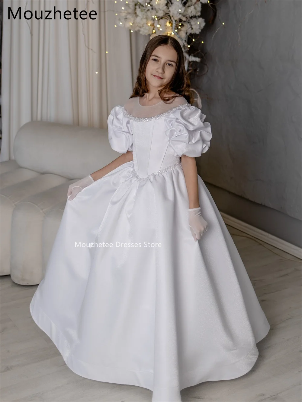 Mouzhetee A-Line O-Neck Shiny Princess Simple Satin Flower Girl Dresses Girls Wedding Party Dresses Long Gowns Customized 2025
