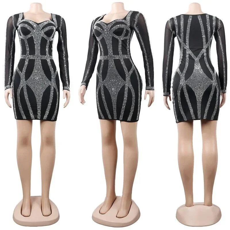 GUWU الماس شبكة انظر على الرغم من طويلة الأكمام الحبيب الرقبة Bodycon المرأة اللباس الساخن الراين مثير حزب حفلة موسيقية اللباس #5