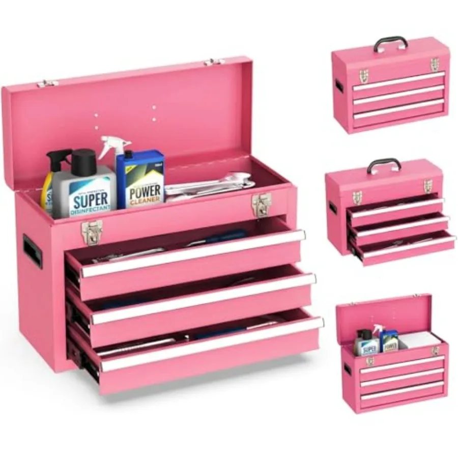 

Portable Metal Tool Box 3 Drawer Steel Tool Box with Top Storage Tray and carrying Handle Multi-Function Tool Storage with Anti