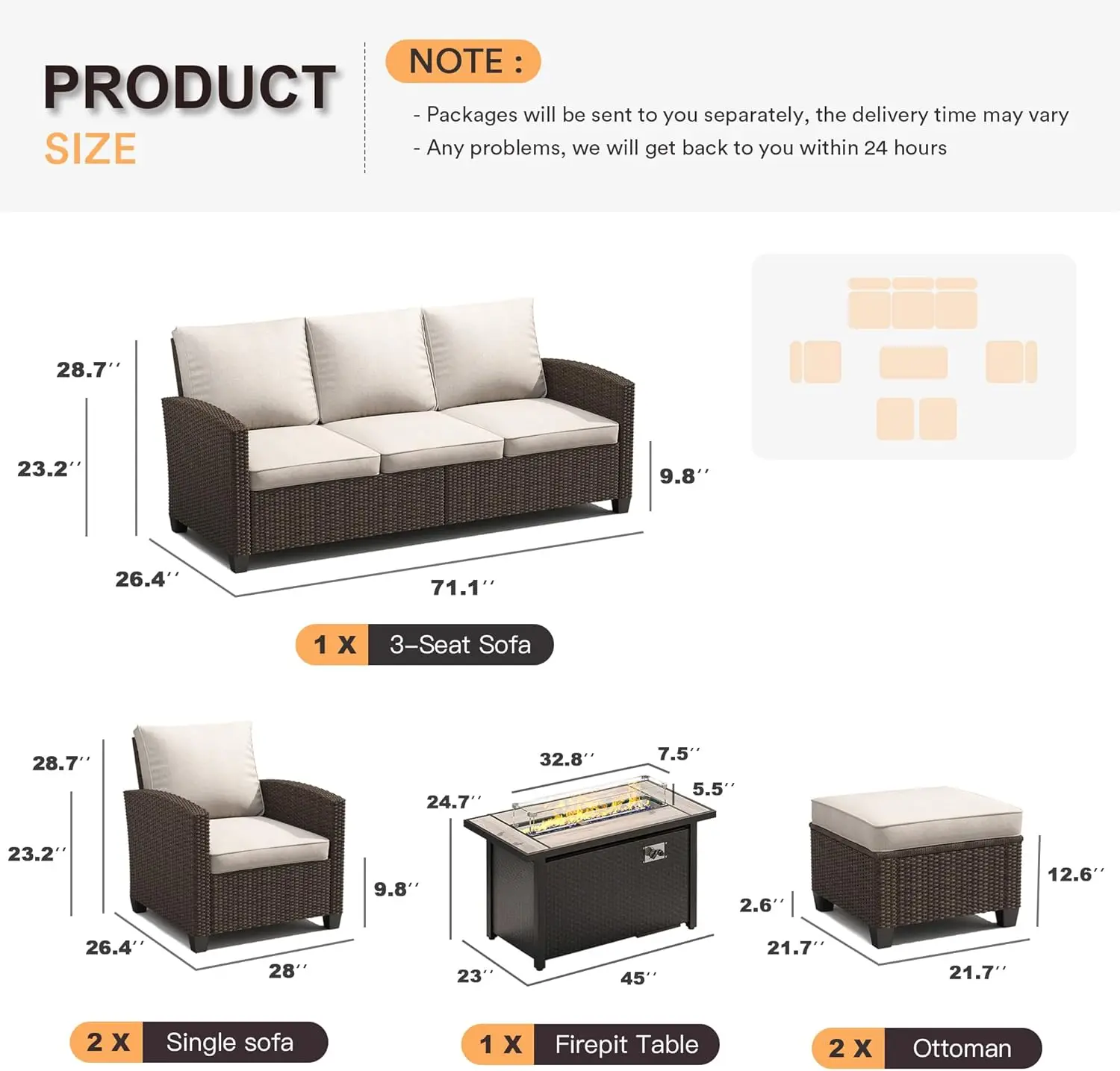 Outdoor Furniture Set, Rattan ConversationSets with Marble Fire Pit Table, Sofa Couch, Single Chairs & Outdoor for Porch Garden