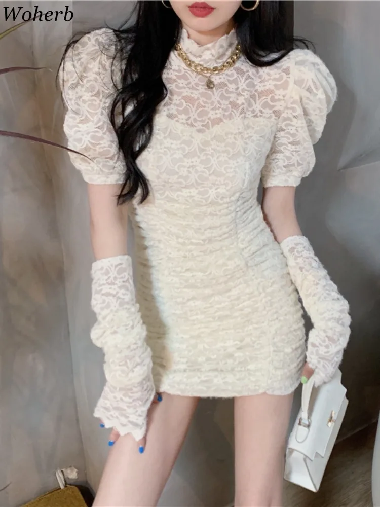 New Puff Sleeve Sexy Lace Y2k Dress Women Sweet Pleated All Match Vestidos De Mujer Bodycon Mini Dresses Temperament Robe Femme