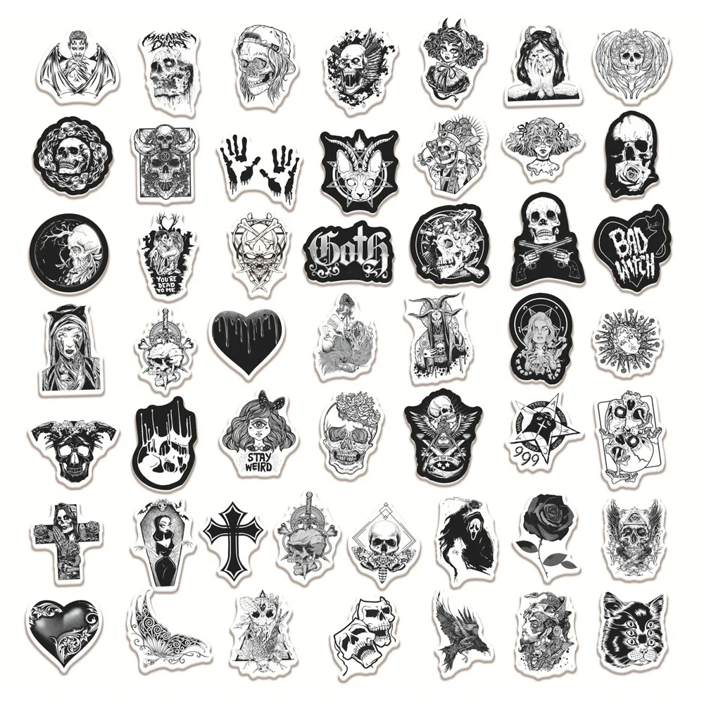 10/30/50PCS Mix and Match Black and White Gothic Horror Graffiti Stickers Notebook Guitar Trolley Case PVC Stickers Wholesale