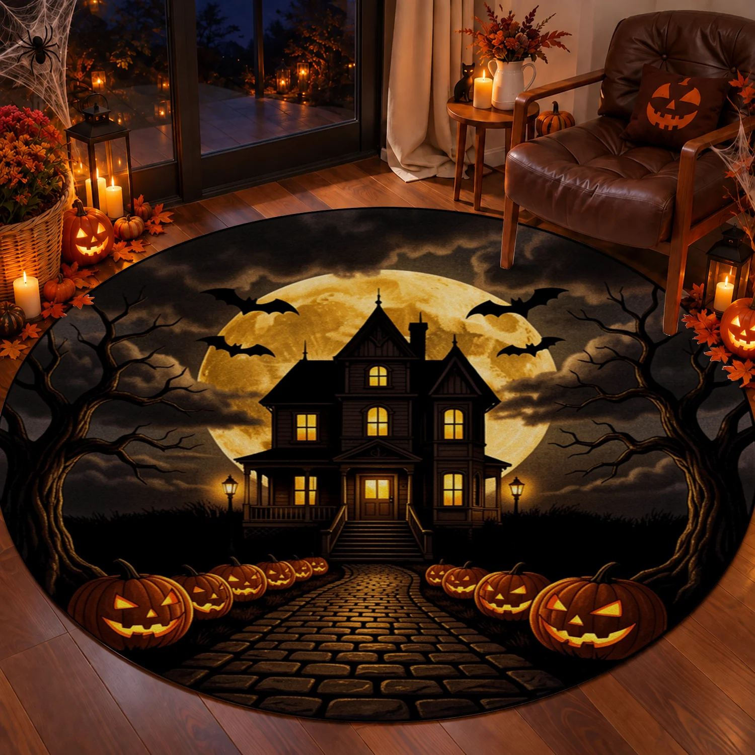 Spooky Halloween Haunted House Jack O Lantern Bat Full Moon Round Velvet Rug Machine Washable for Living Room Bedroom Dining Area Halloween Thanksgiving Christmas New Year Black Friday Cyber Monday