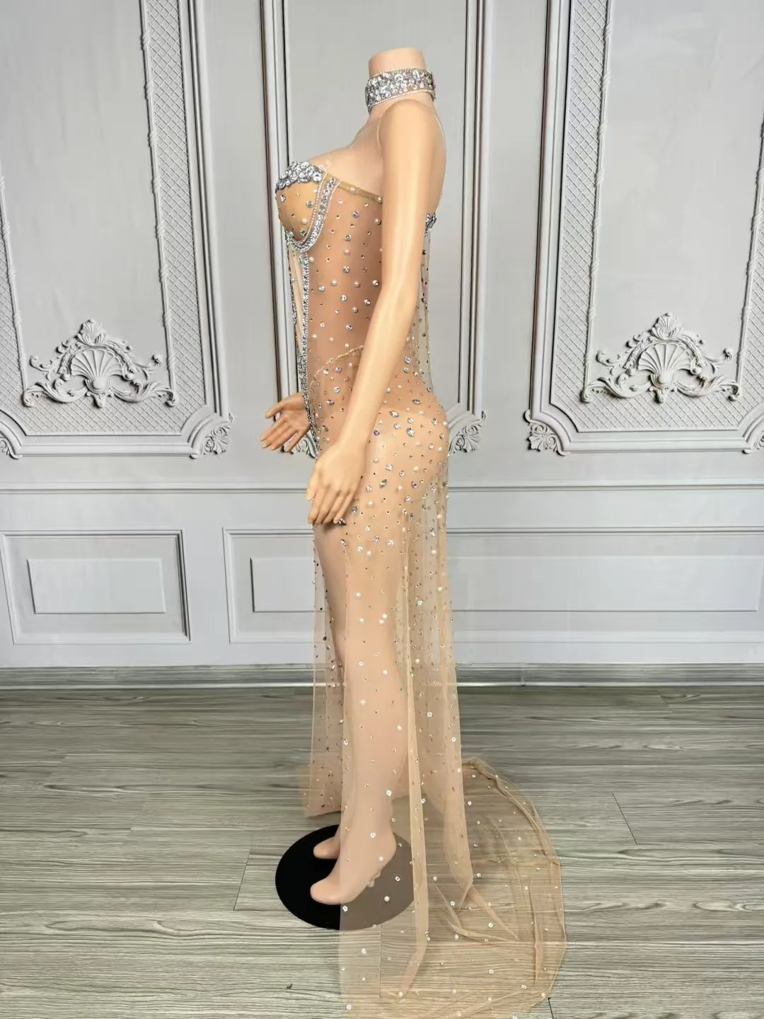 Women Sexy Rhinestone Mesh Cloak Long Tail Spandex Bodysuit Dance Stage Costumes gig Performance Outfit Party Bodysuit Youmeng
