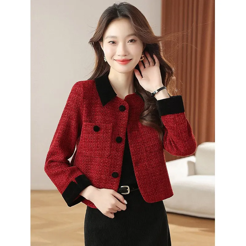 

Женское бордовое плотное твидовое пальто с лацканами, новинка осени и зимы 2025 года, маленькое пальто в ароматном стиле