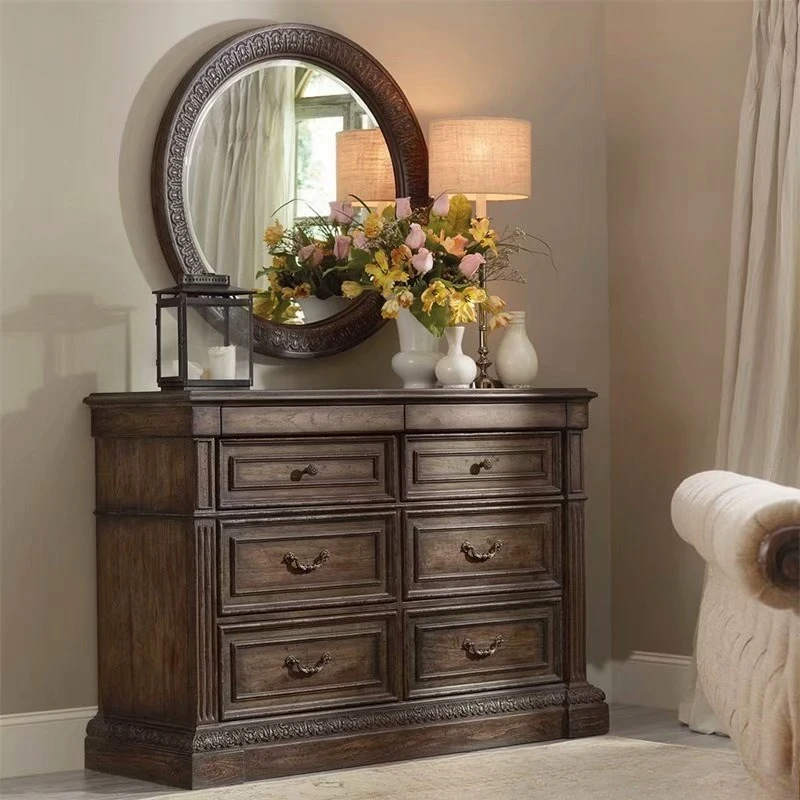 

Solid wood dressing bedroom carved with mirror storage side cabinet