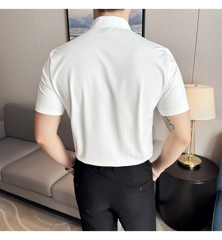 White Shirt For Men Summer New Chinese Stand Collar Designer Short Sleeve Male Shirt Cool Thin Waffle High Elastic Seamless Top