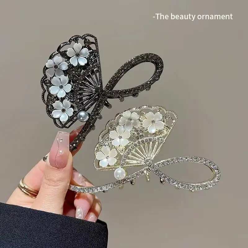 Pinza de pelo en forma de abanico de estilo chino para mujer, pasadores de broche de Perla Negra Vintage, joyería de adorno para el cabello para niña, nuevo